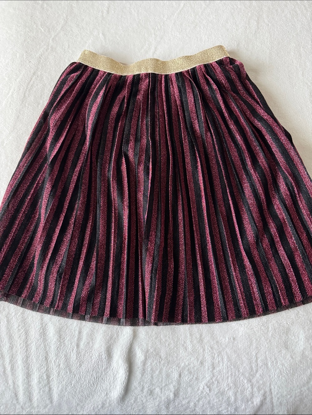 Crewcuts Girl Pink and Black Striped Pleated Skirt with Gold Waistband